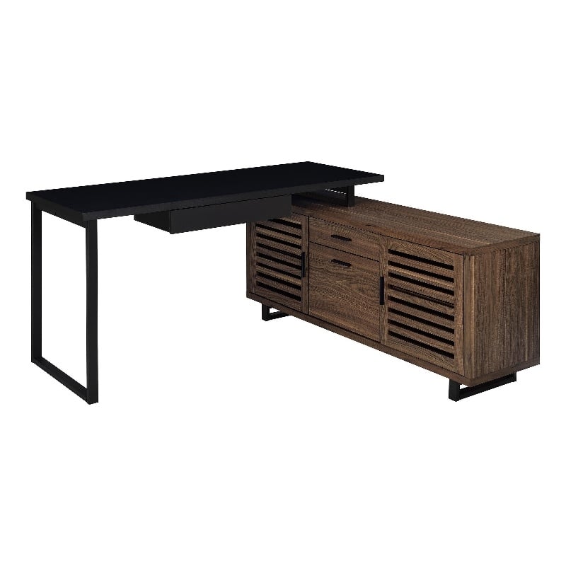 Pemberly Row L Shape Computer Desk 2 Doors Drawers Black Metal Walnut Wood