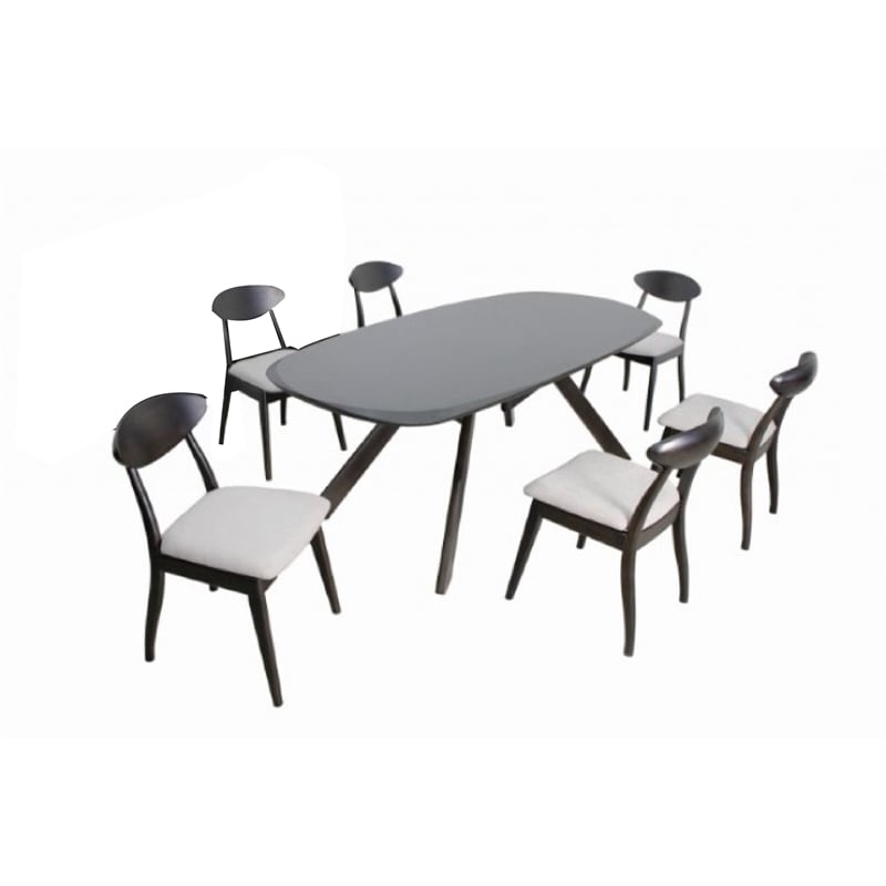 Pemberly Row 7 Piece Dining Table Set 6 Fabric Chairs 3D Cut Edges Black Wood