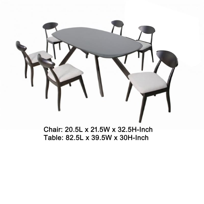 Pemberly Row 7 Piece Dining Table Set 6 Fabric Chairs 3D Cut Edges Black Wood