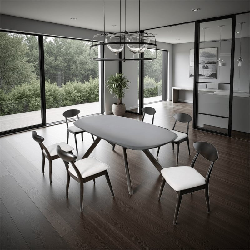 Pemberly Row 7 Piece Dining Table Set 6 Fabric Chairs 3D Cut Edges Black Wood