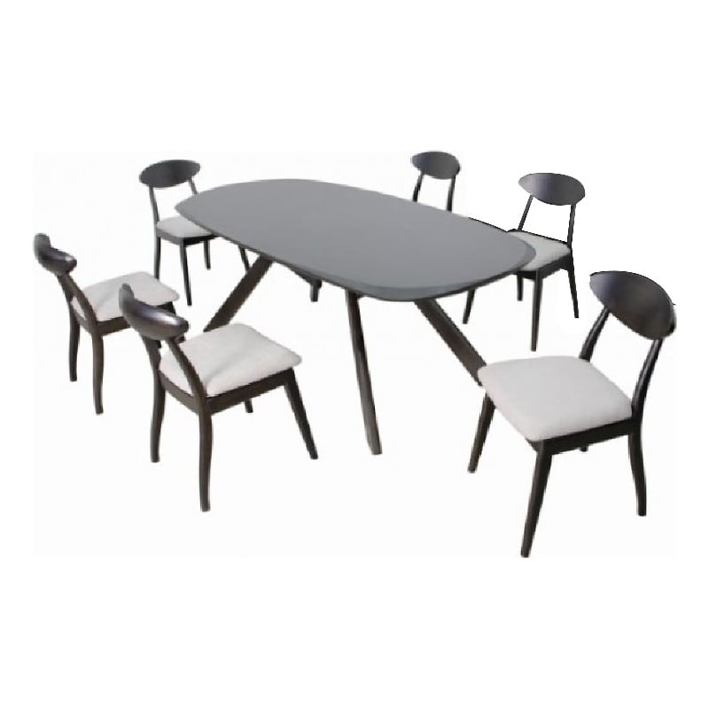 Pemberly Row 7 Piece Dining Table Set 6 Fabric Chairs 3D Cut Edges Black Wood