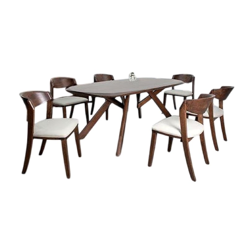 Pemberly Row 7 Piece Dining Table Set 6 Ivory Chairs 3D Edge Brown Solid Wood
