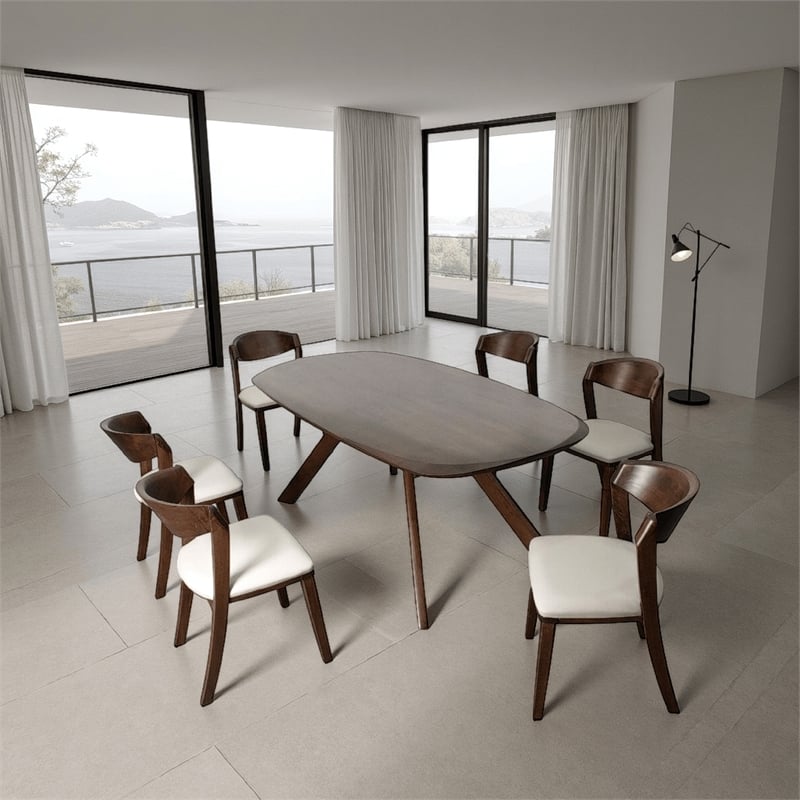 Pemberly Row 7 Piece Dining Table Set 6 Ivory Chairs 3D Edge Brown Solid Wood