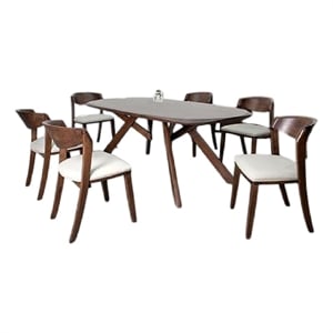 Pemberly Row 7 Piece Dining Table Set 6 Ivory Chairs 3D Edge Brown Solid Wood