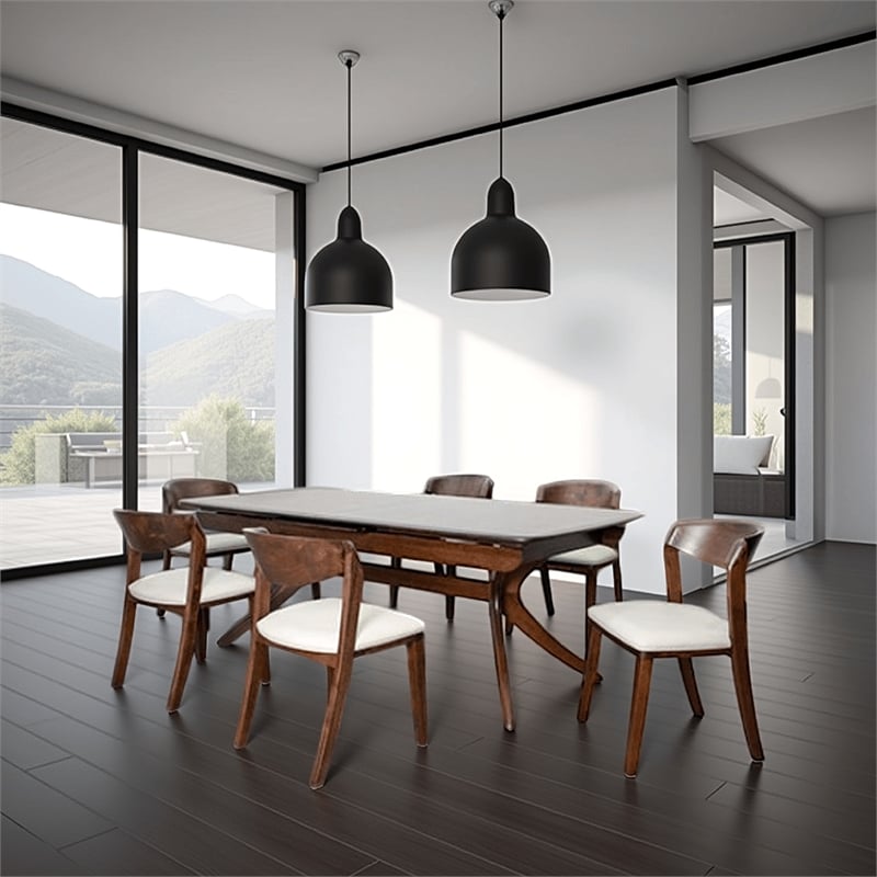 Pemberly Row 7 Piece Dining Table Set Extendable Ivory Fabric Chairs Brown Wood