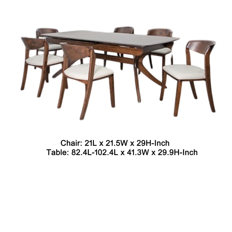 Pemberly Row 7 Piece Dining Table Set Extendable Ivory Fabric Chairs Brown Wood