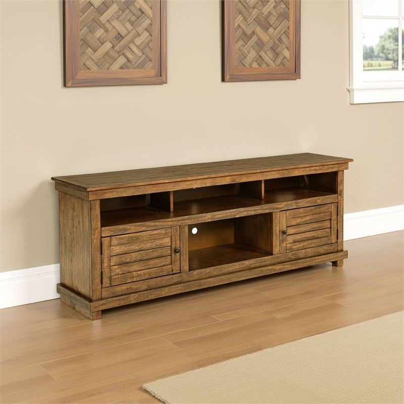 Pemberly Row 70 Inch TV Stand Media Cabinet 2 Doors 4 Shelves in Brown Wood