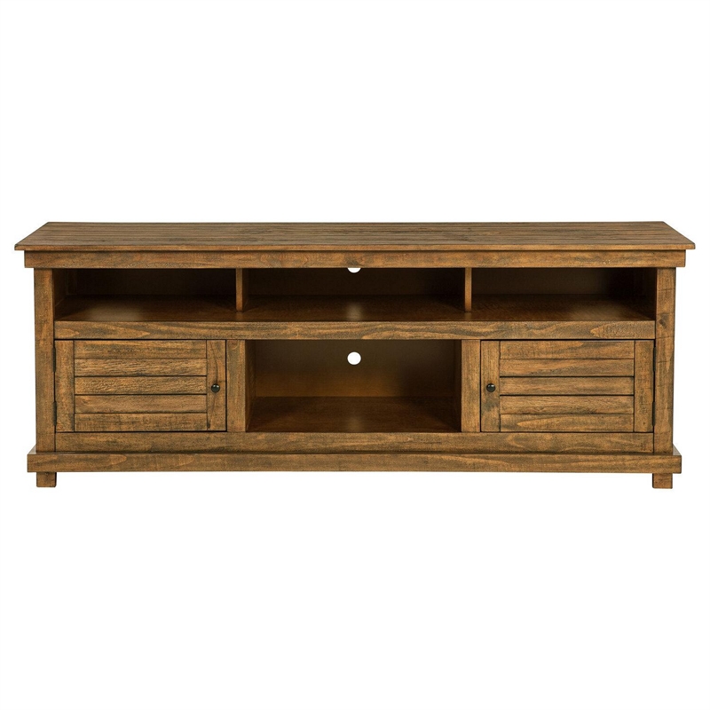Pemberly Row 70 Inch TV Stand Media Cabinet 2 Doors 4 Shelves in Brown Wood