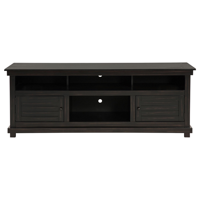 Pemberly Row 70 Inch TV Stand Media Cabinet 2 Doors 4 Shelves in Black Wood