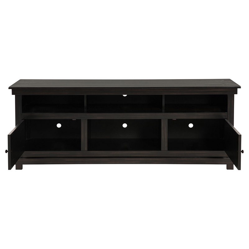 Pemberly Row 70 Inch TV Stand Media Cabinet 2 Doors 4 Shelves in Black Wood