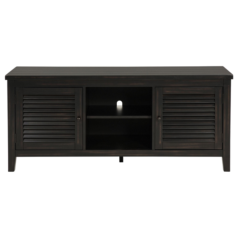 Pemberly Row 60 Inch TV Stand Media Cabinet 2 Door and Shelves in Black Wood