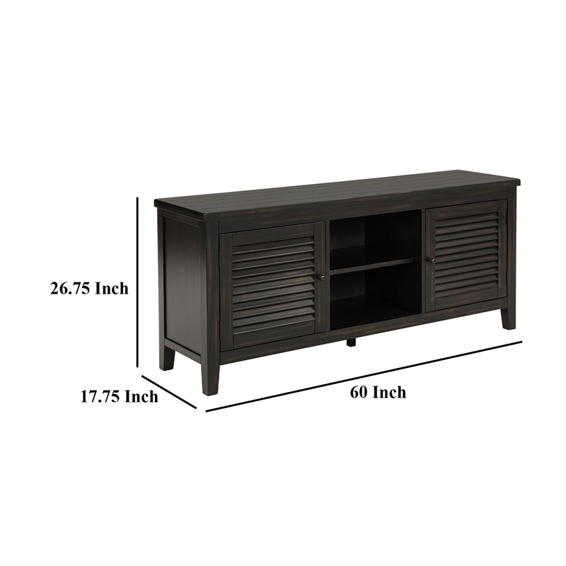 Pemberly Row 60 Inch TV Stand Media Cabinet 2 Door and Shelves in Black Wood