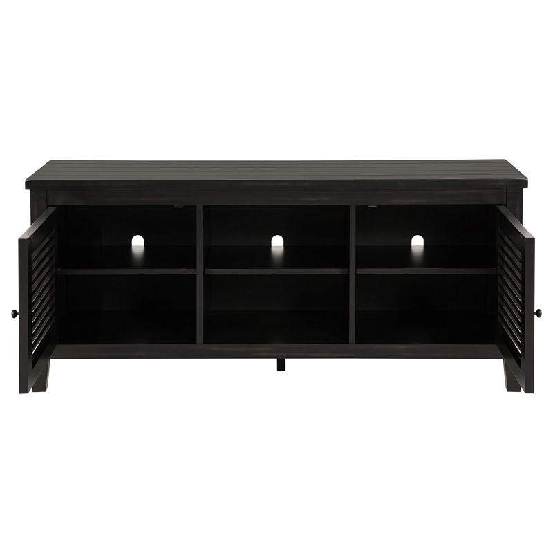 Pemberly Row 60 Inch TV Stand Media Cabinet 2 Door and Shelves in Black Wood