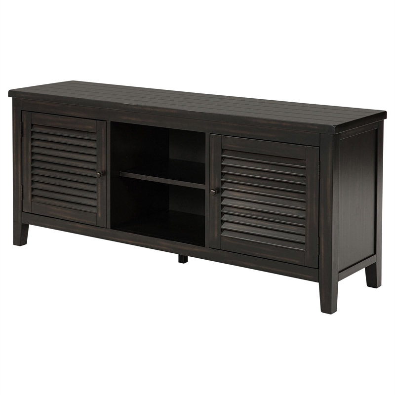 Pemberly Row 60 Inch TV Stand Media Cabinet 2 Door and Shelves in Black Wood
