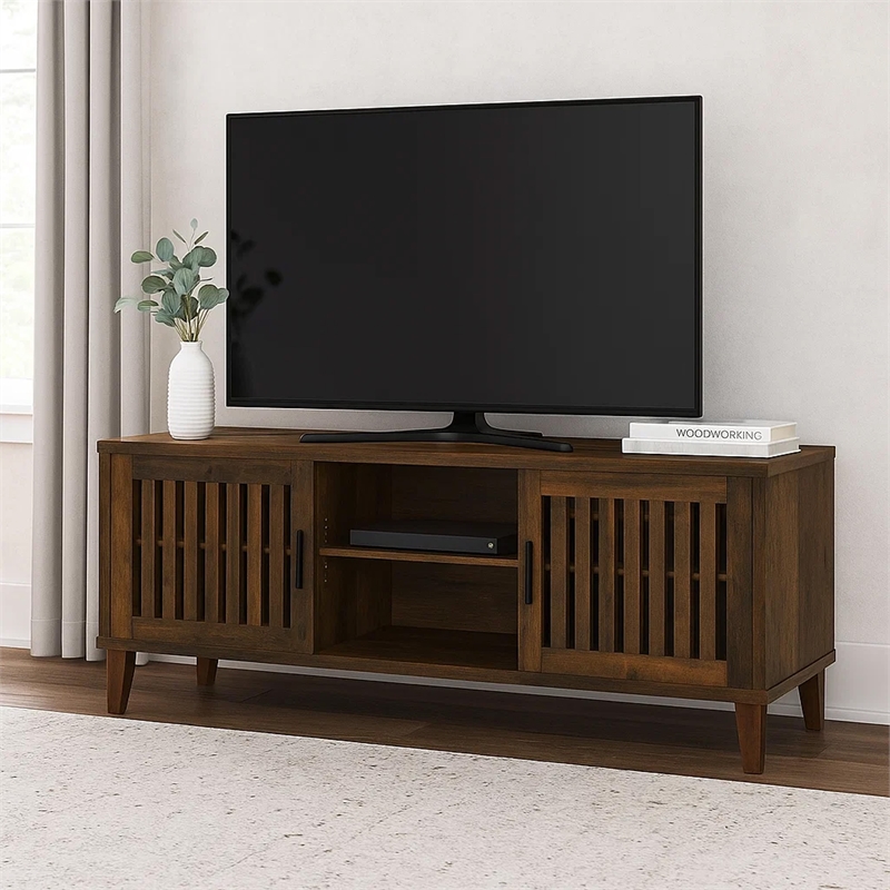Pemberly Row 60 Inch TV Stand Media Cabinet 2 Slatted Doors Shelf in Brown Wood