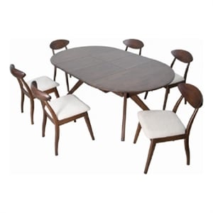 Pemberly Row 7 Piece Extendable Dining Table Set 6 Ivory Fabric Chairs Brown