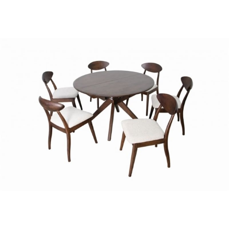 Pemberly Row 7 Piece Extendable Dining Table Set 6 Ivory Fabric Chairs Brown