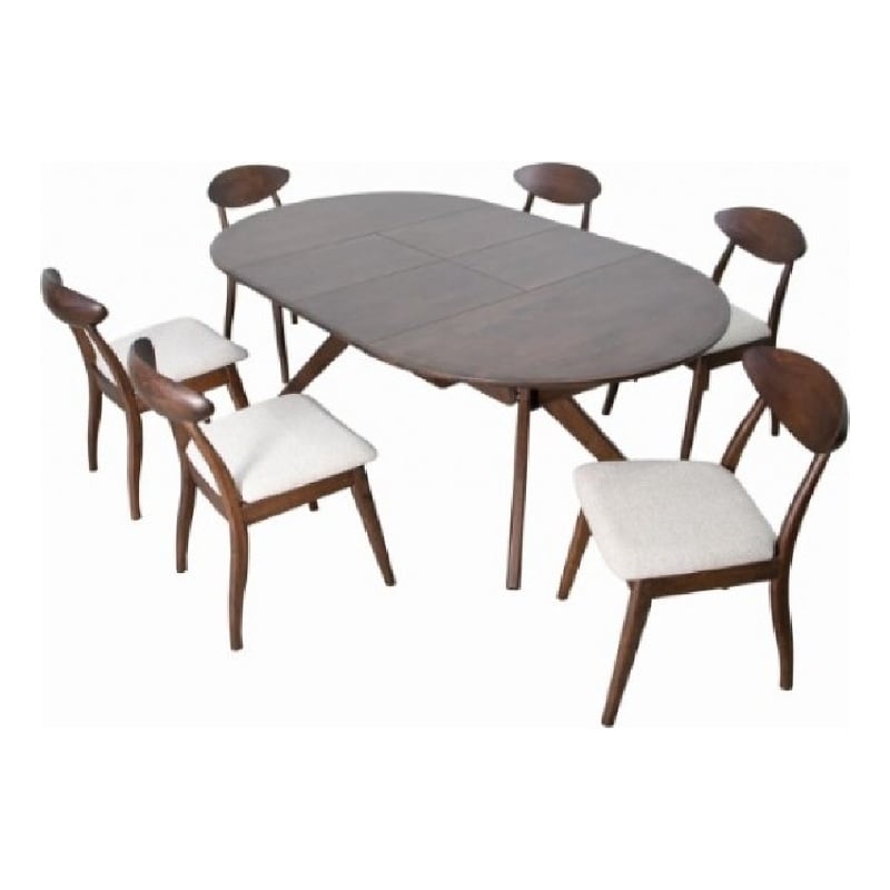 Pemberly Row 7 Piece Extendable Dining Table Set 6 Ivory Fabric Chairs Brown