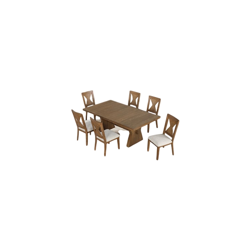 Pemberly Row 7 Pc Dining Table Set Modern Farmhouse in Oak Brown 6 Fabric Chairs