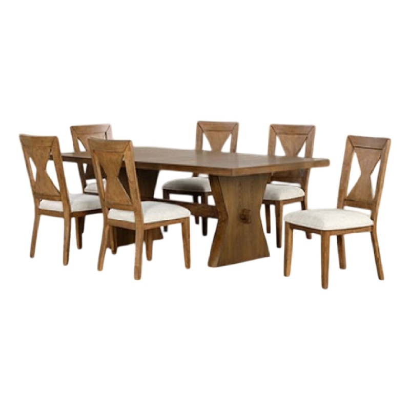 Pemberly Row 7 Pc Dining Table Set Modern Farmhouse in Oak Brown 6 Fabric Chairs