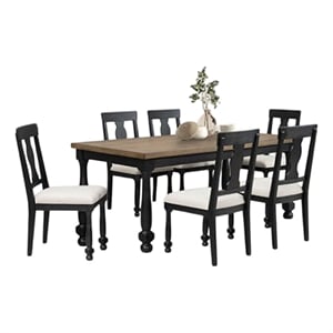 Pemberly Row 7 Piece Dining Table Set 6 Chairs Farmhouse Legs Black Rubberwood