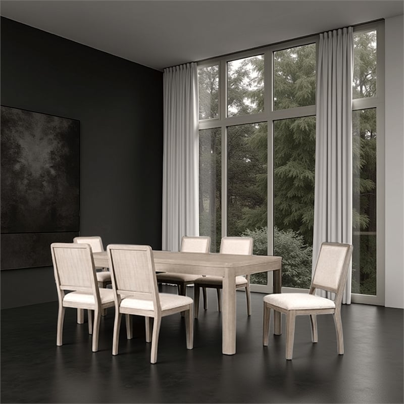 Pemberly Row 7 Piece Dining Table Set 6 Polyester Chairs Natural Brown Wood