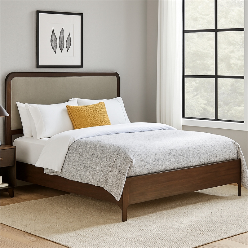 Pemberly Row King Size Bed Upholstered Headboard in Taupe Gray Walnut Brown Wood