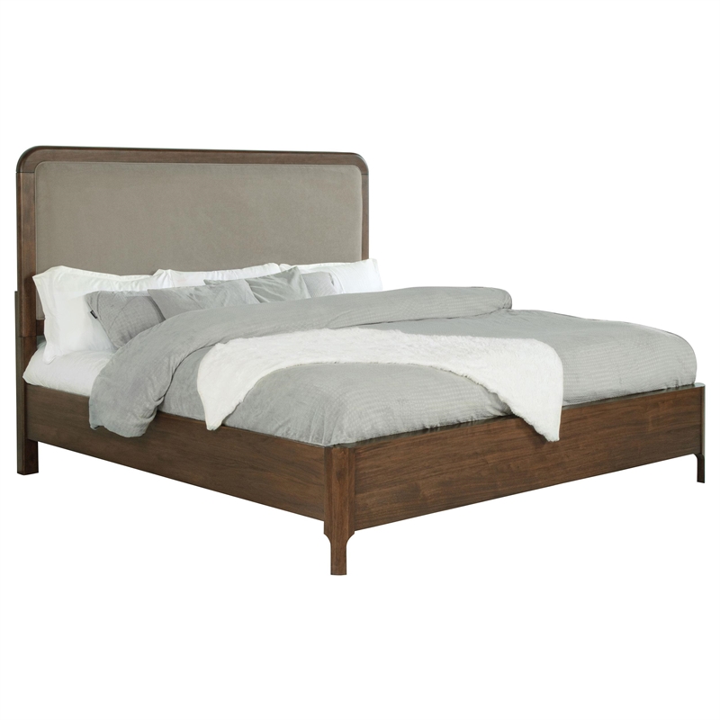 Pemberly Row King Size Bed Upholstered Headboard in Taupe Gray Walnut Brown Wood
