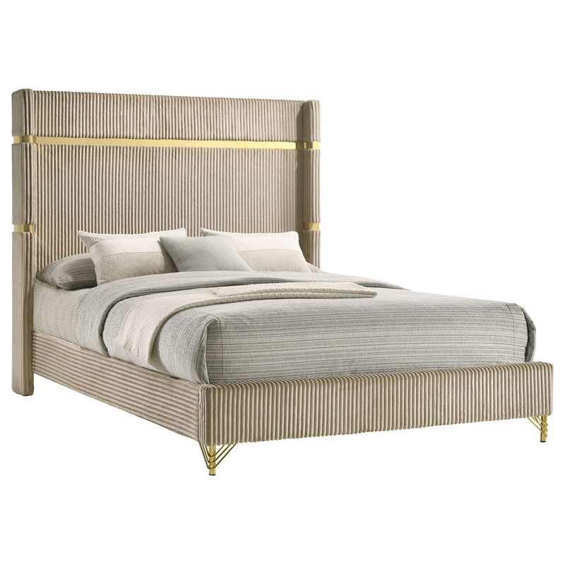 Pemberly Row King Bed Fluted Wingback Headboard in Beige Upholstery Gold Trim