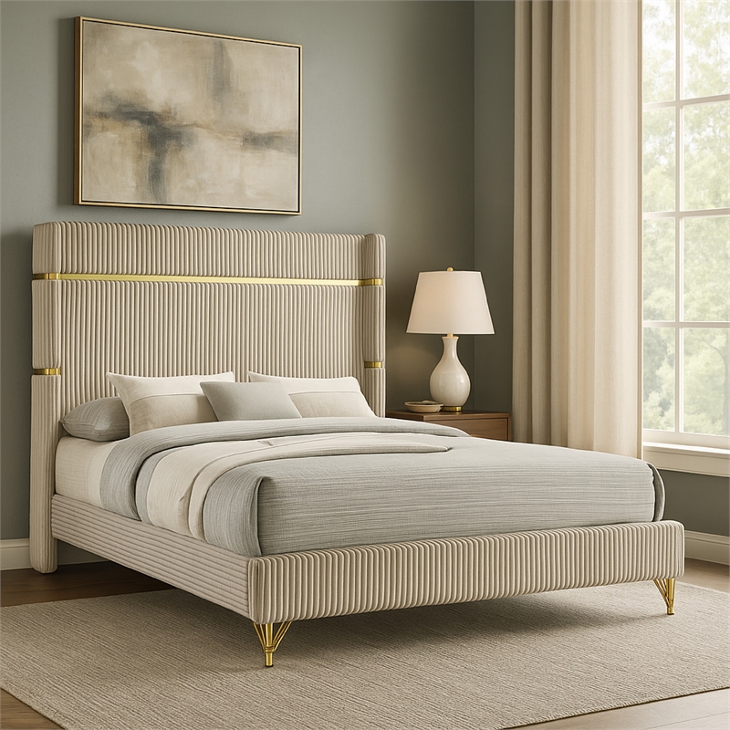 Pemberly Row King Bed Fluted Wingback Headboard in Beige Upholstery Gold Trim