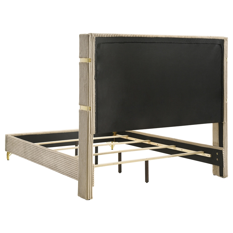 Pemberly Row King Bed Fluted Wingback Headboard in Beige Upholstery Gold Trim