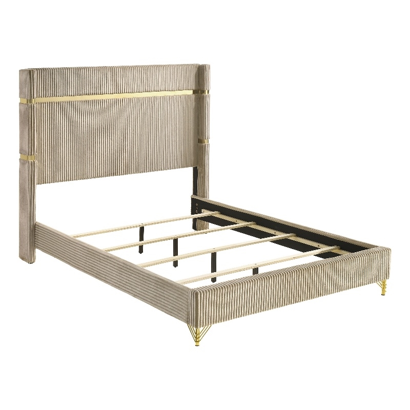 Pemberly Row King Bed Fluted Wingback Headboard in Beige Upholstery Gold Trim