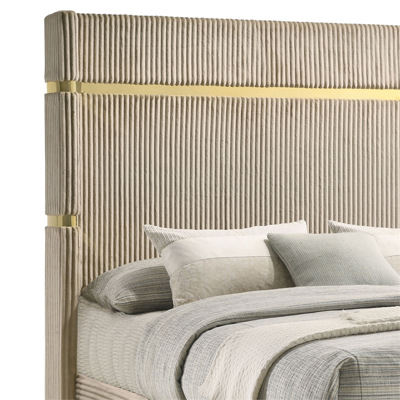 Pemberly Row King Bed Fluted Wingback Headboard in Beige Upholstery Gold Trim