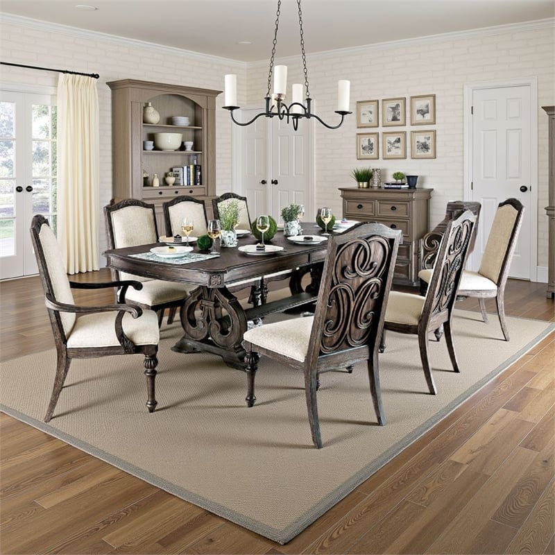 Pemberly Row 9Pc Dining Table Set w/ 8 Chairs in Ivory Fabric Rustic Solid Wood