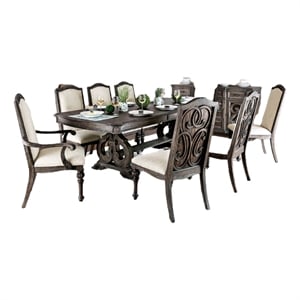 Pemberly Row 9Pc Dining Table Set w/ 8 Chairs in Ivory Fabric Rustic Solid Wood