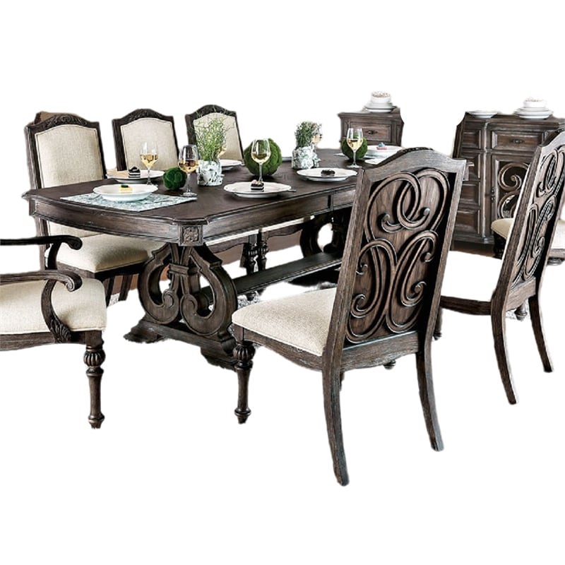 Pemberly Row 9Pc Dining Table Set w/ 8 Chairs in Ivory Fabric Rustic Solid Wood