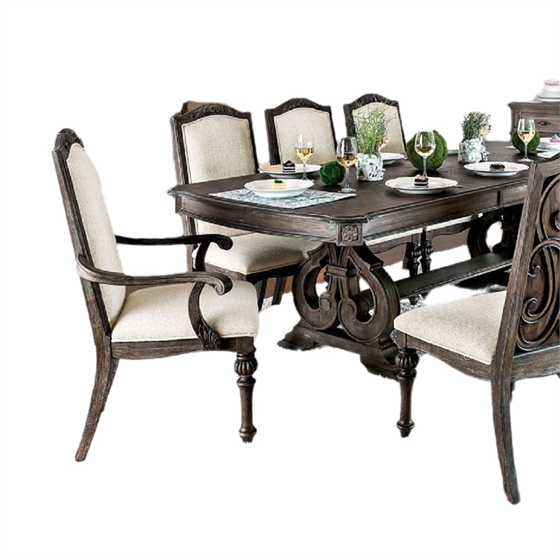 Pemberly Row 9Pc Dining Table Set w/ 8 Chairs in Ivory Fabric Rustic Solid Wood
