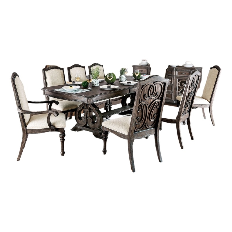 Pemberly Row 9Pc Dining Table Set w/ 8 Chairs in Ivory Fabric Rustic Solid Wood