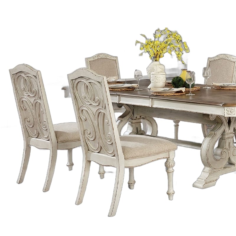 Pemberly Row 7Pc Dining Table Set with Fabric Chairs in Antique White Solid Wood