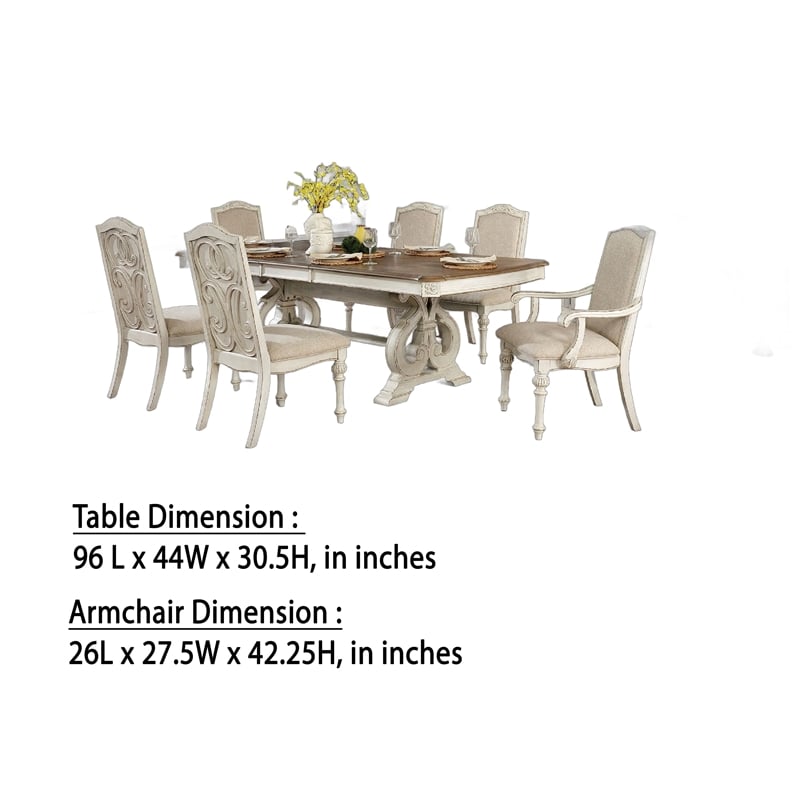 Pemberly Row 7Pc Dining Table Set with Fabric Chairs in Antique White Solid Wood