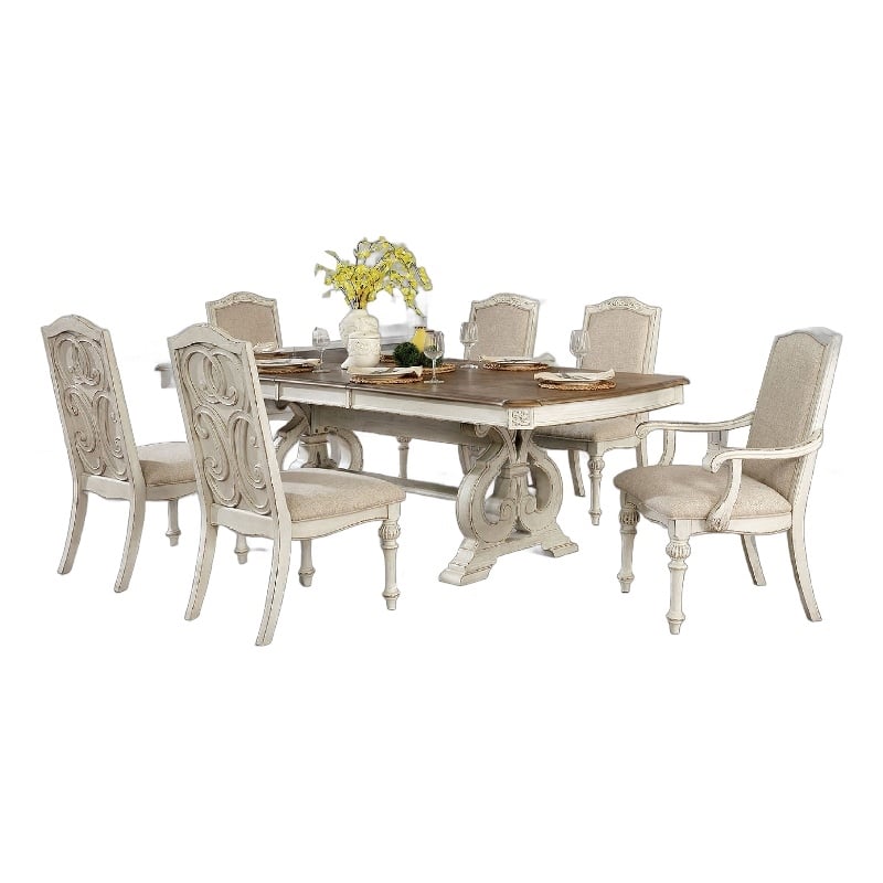 Pemberly Row 7Pc Dining Table Set with Fabric Chairs in Antique White Solid Wood