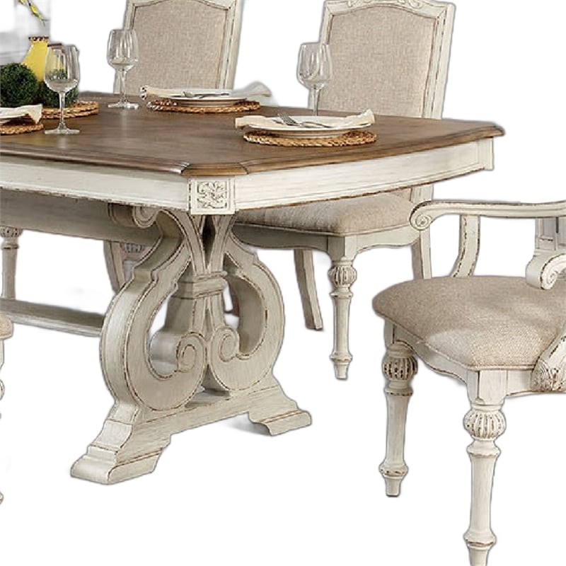 Pemberly Row 7Pc Dining Table Set with Fabric Chairs in Antique White Solid Wood