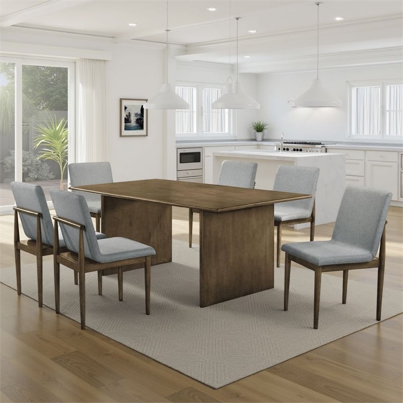 Pemberly Row 7 Pc Dining Table and Chair Set in Light Gray Fabric Natural Brown
