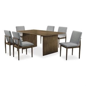 Pemberly Row 7 Pc Dining Table and Chair Set in Light Gray Fabric Natural Brown