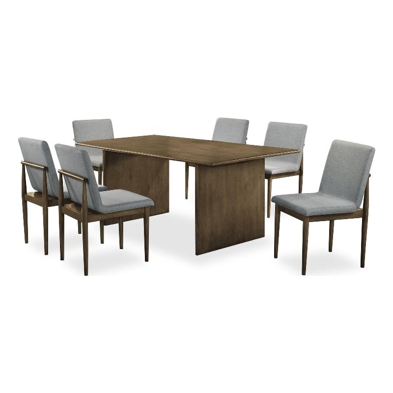 Pemberly Row 7 Pc Dining Table and Chair Set in Light Gray Fabric Natural Brown