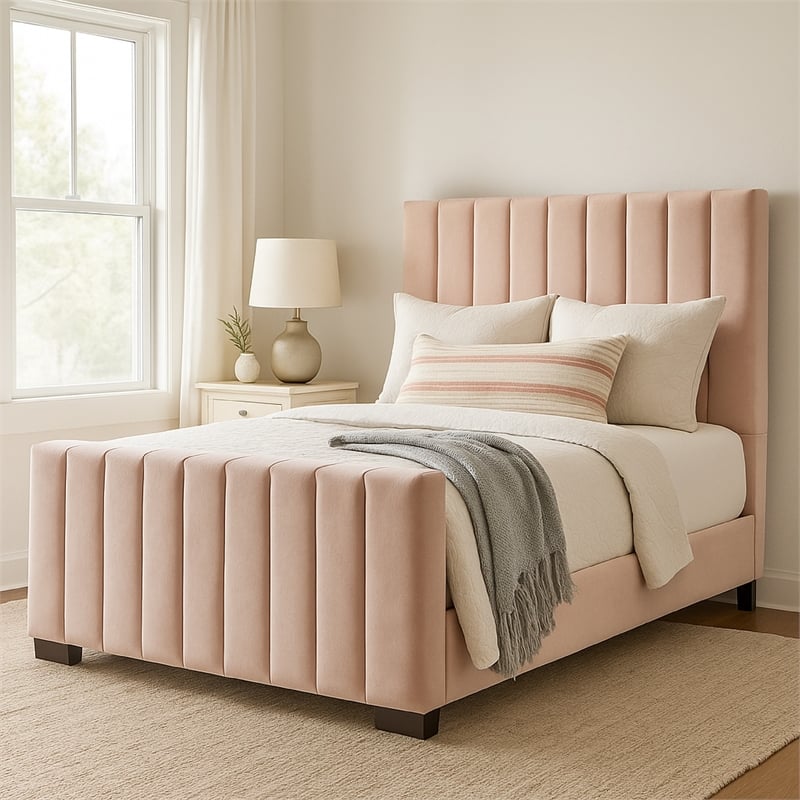 Pemberly Row King Bed Vertical Channel Tufted in Blush Pink Velvet Upholstery