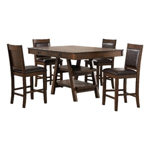 Pemberly Row 5 Pc Counter Height Dining Table & 4 Chairs Set in Brown 2 Shelves