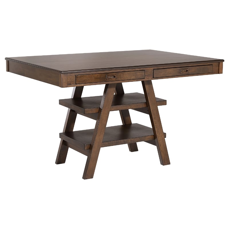 Pemberly Row 5 Pc Counter Height Dining Table & 4 Chairs Set in Brown 2 Shelves