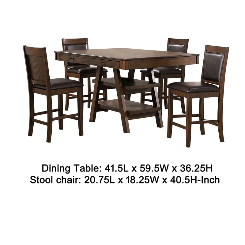 Pemberly Row 5 Pc Counter Height Dining Table & 4 Chairs Set in Brown 2 Shelves