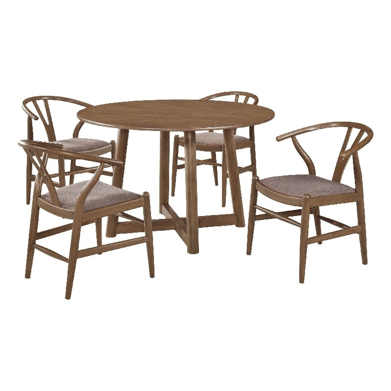 Pemberly Row 5 Pc Dining Table and 4 Chair Set Open Curved Back in Walnut Brown